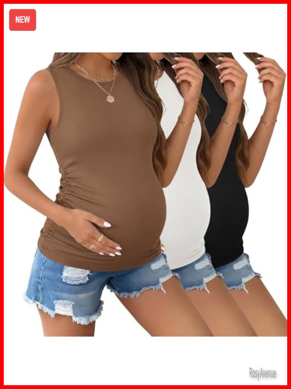 Maternity Tank Tops 3 Pack Ribbed Pregnancy Shirts Crew Neck Ruched